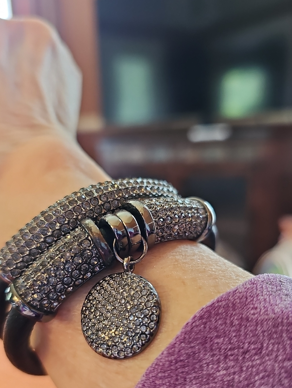 Joan Boyce Gunmetal Pavé Bracelet with Round Crystal Disc